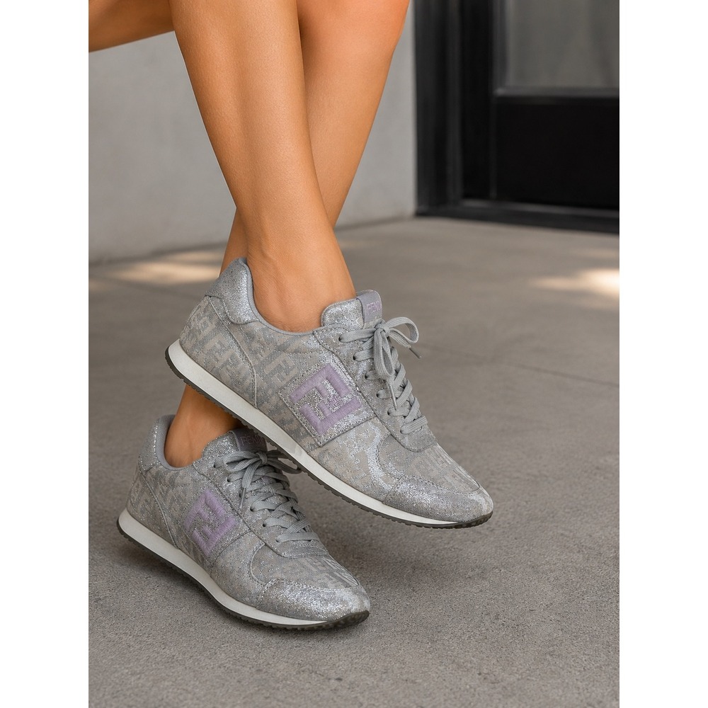Fendi Zucca Monogram Metallic Silver Grey Low Top‎ Sneakers  FF Logo